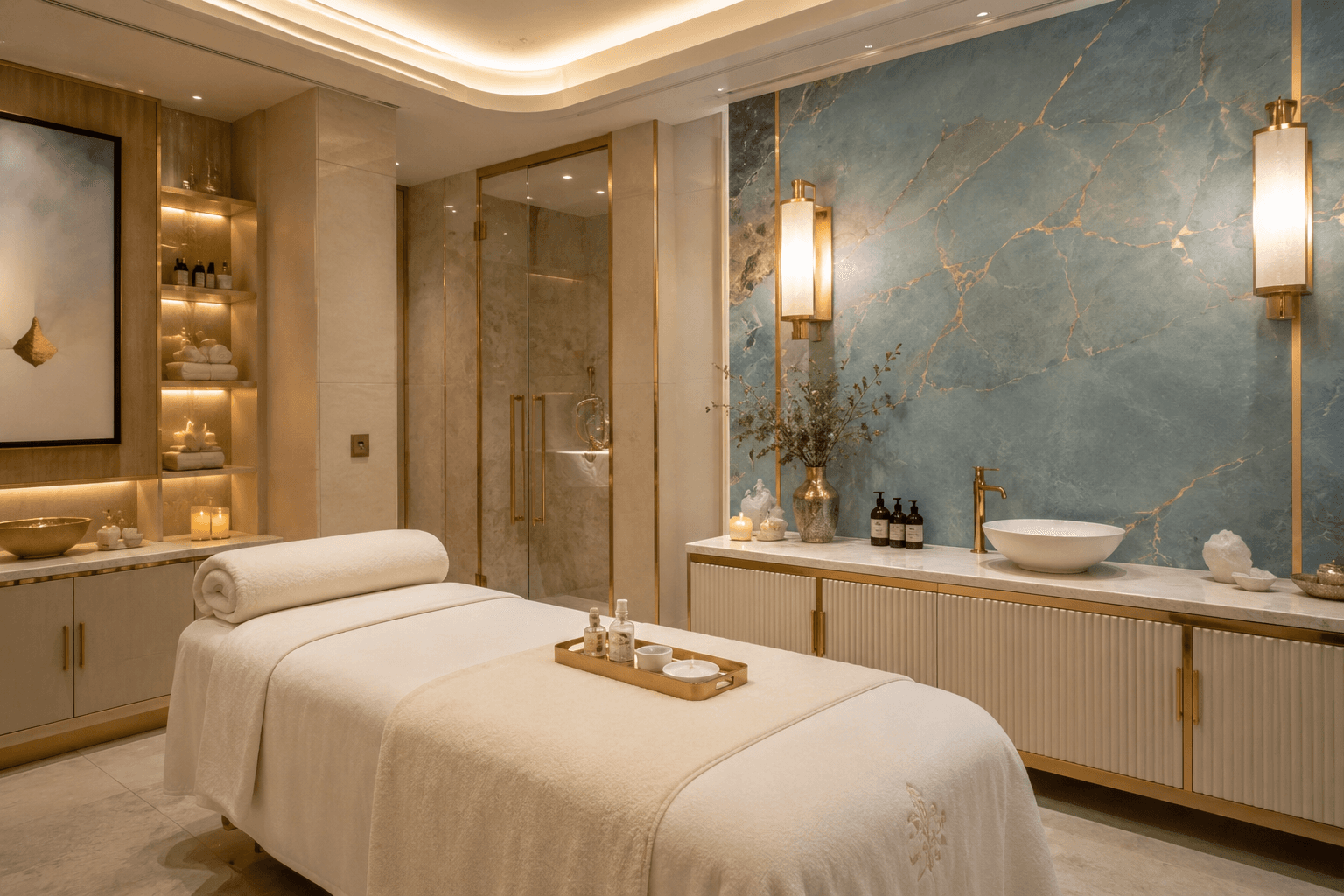 Cream marble treatment suite with brushed gold fixtures