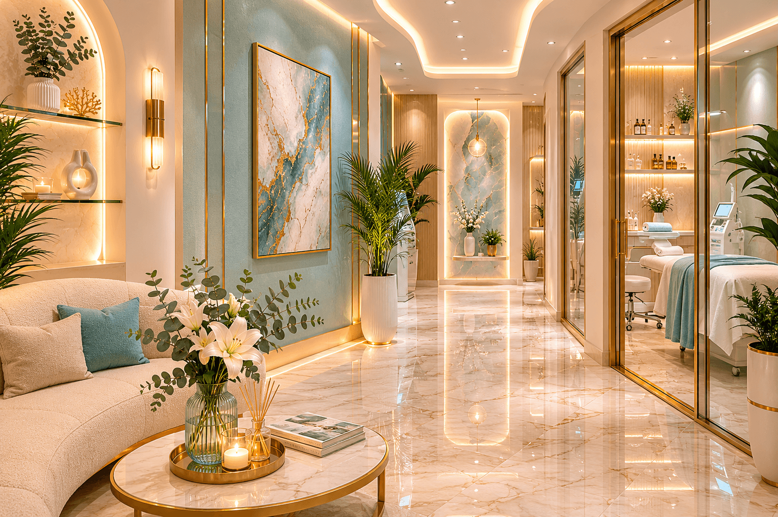 Soft-lit corridor leading to private treatment suites