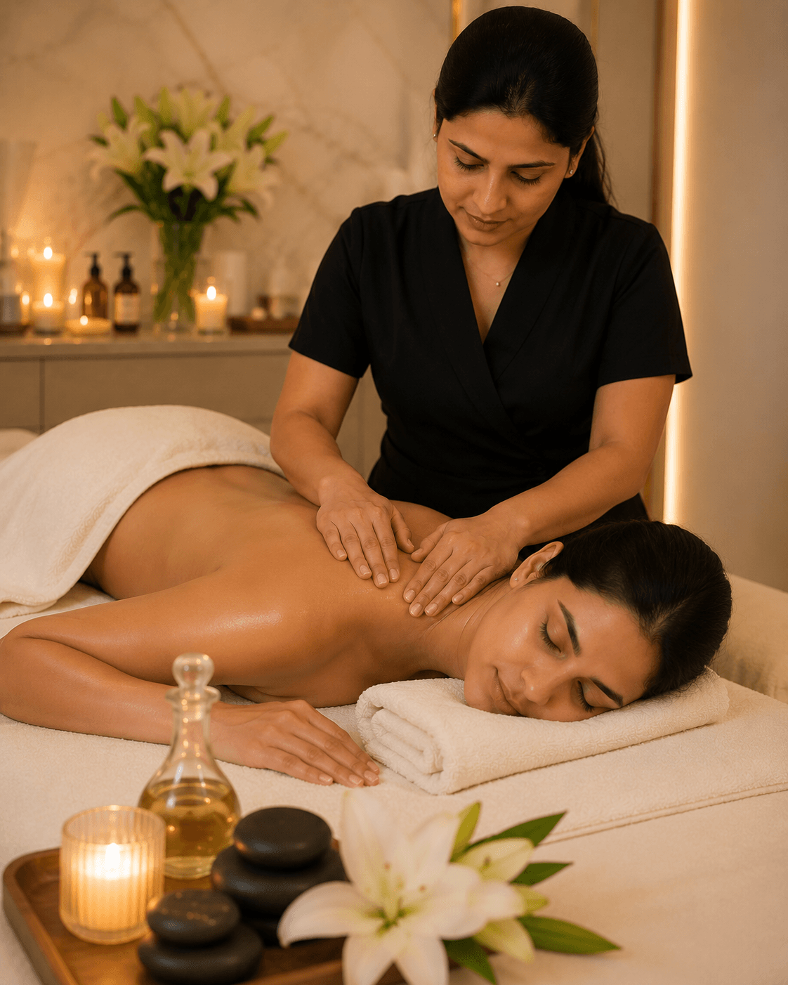 Restorative massage in a candle-lit suite
