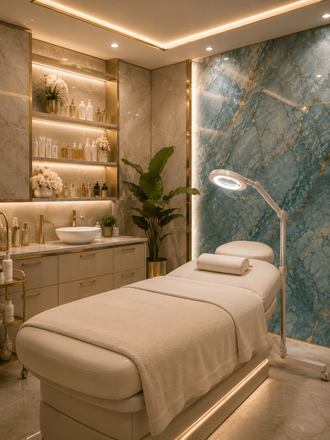 Private treatment suite styled in cream and gold