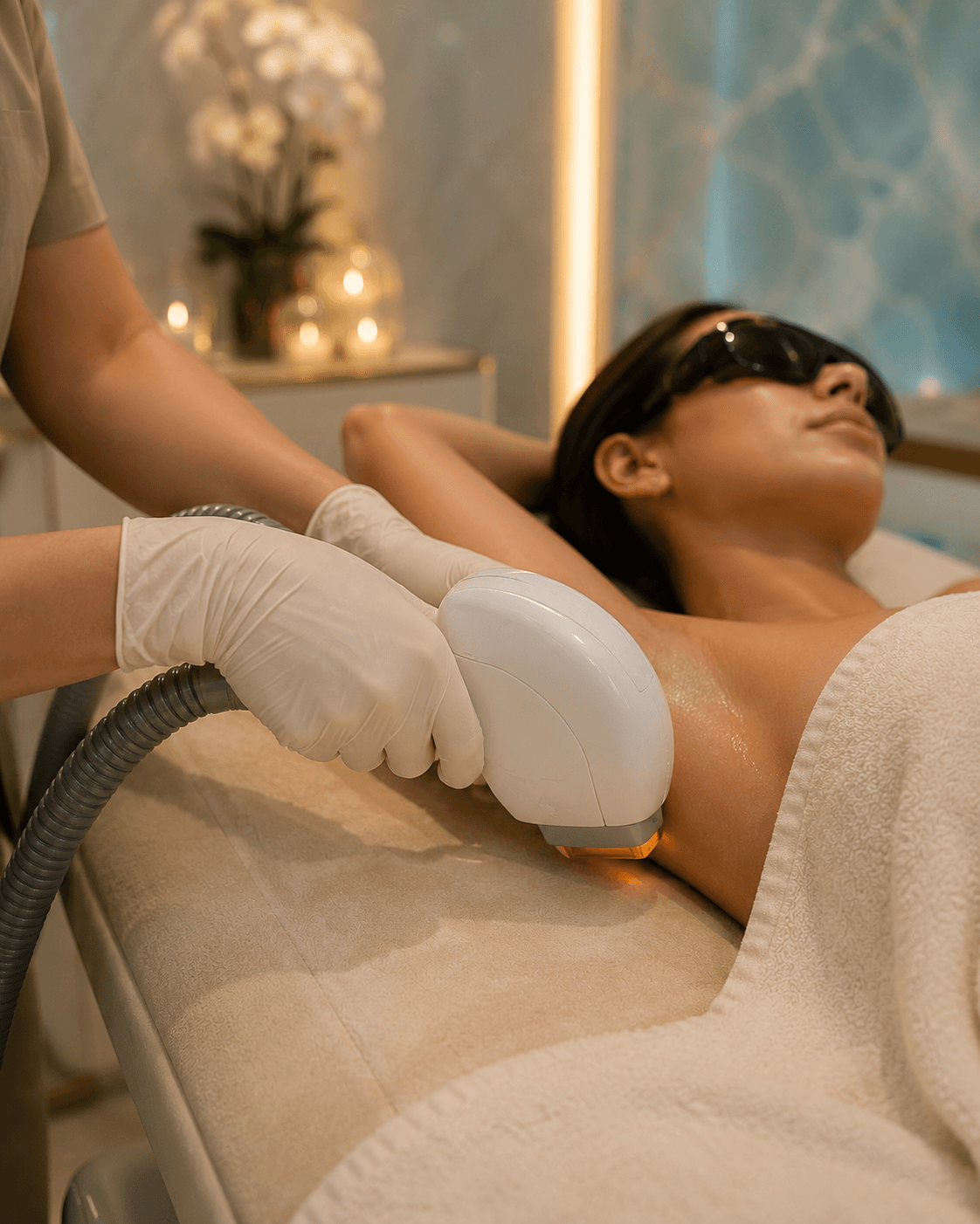 Clinix Quatrix laser treatment with protective eyewear in a calm spa room